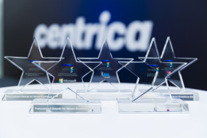 Row of glass star shaped awards for awards event