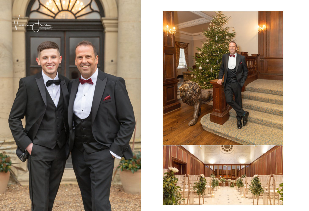 Groom standing on staircase inside Bourton Hall