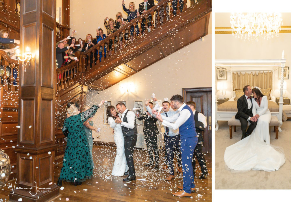 Confetti being thrown under the main stairs at Bourton Hall