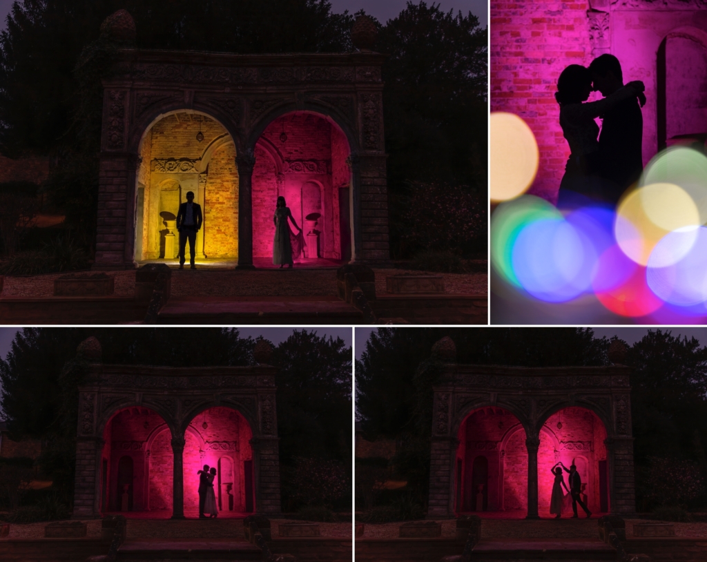 Colourful Arty nighttime images of a bride and groom lit up with off camera flash