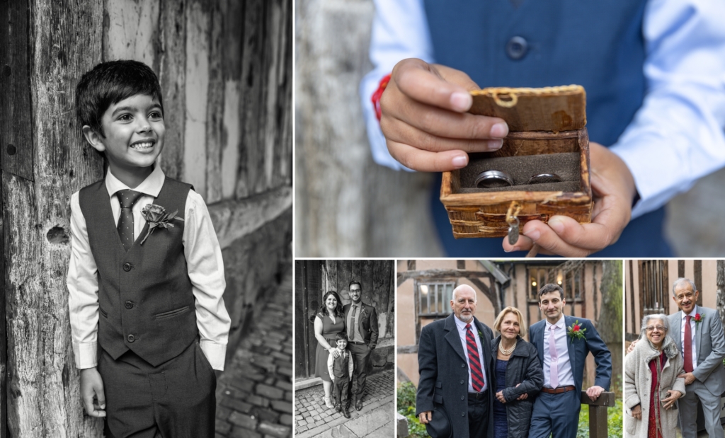 Little page boy showing off the rings outside Cheylesmore Manor house