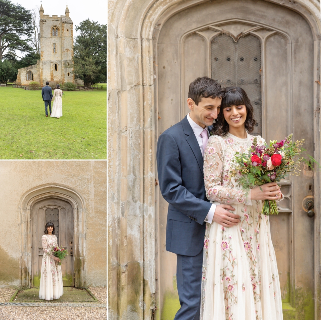 Bride and groom romantic images infront of the chapel door at Ettington park