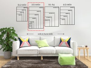 Living room mock up showing image size comparison, highlighting the 3:2 ration print sizes